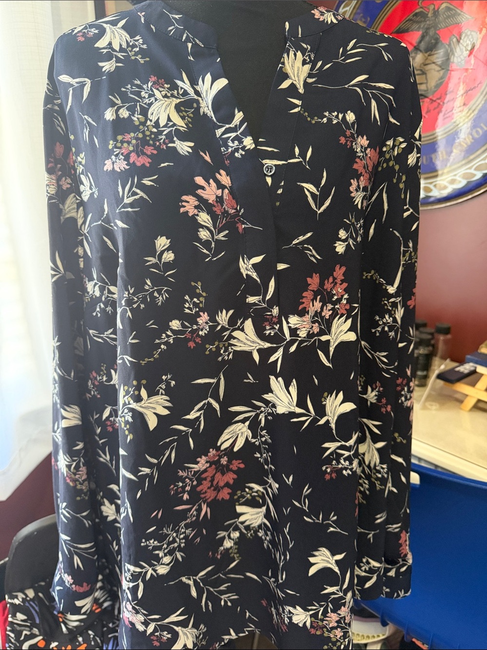 Hilary Radley Navy Floral Blouse with Cream and Rose Accents